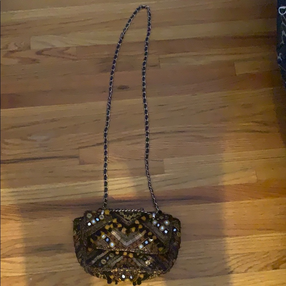 Navy and yellow zara purse with gold chain